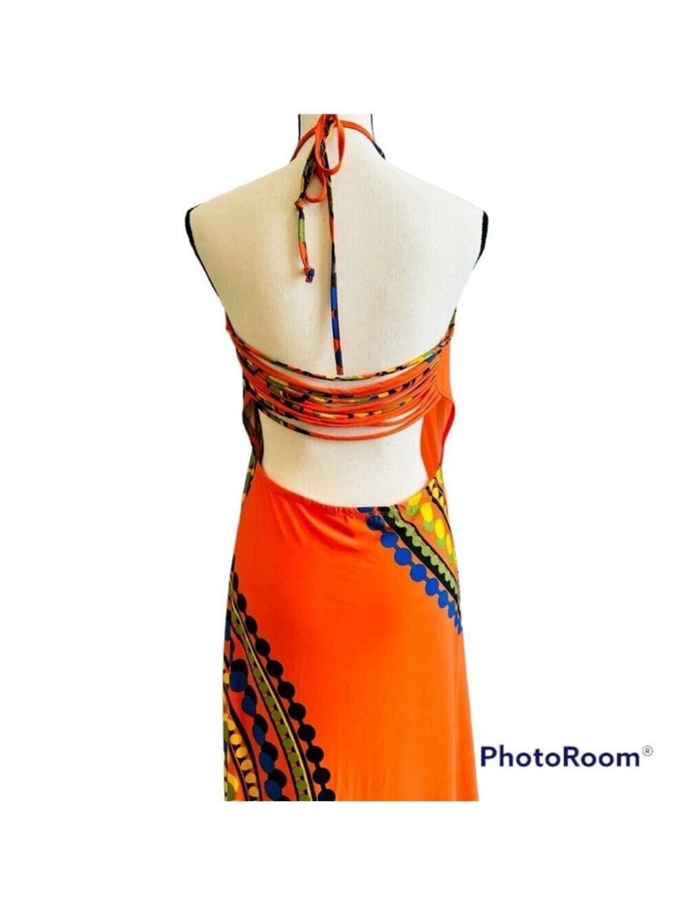 Vintage VENUS Orange Halter Strappy Maxi Dress Medium - Picture 4 of 14